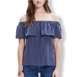 Madewell 100% Silk Off Shoulder Navy Pinstripe Top - XS